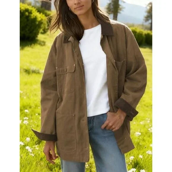 Oversized Cotton Barn Jacket with Corduroy Collar and Pockets - Picture 5 of 8